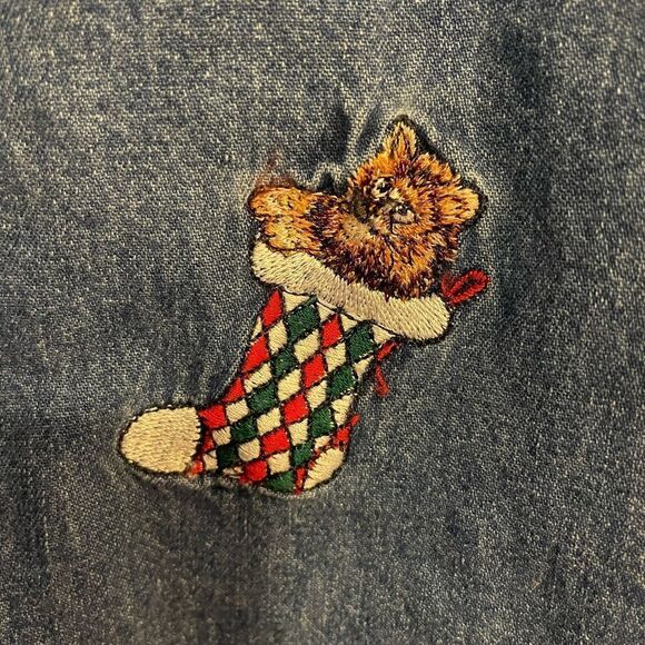 Solutions Christmas Embroidery Cat Jean Shirt Women’s PM - Picture 7 of 15
